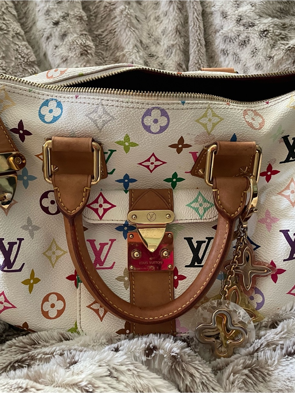 Louis Vuitton White Multicolor Monogram Satchel with Gold Hardware